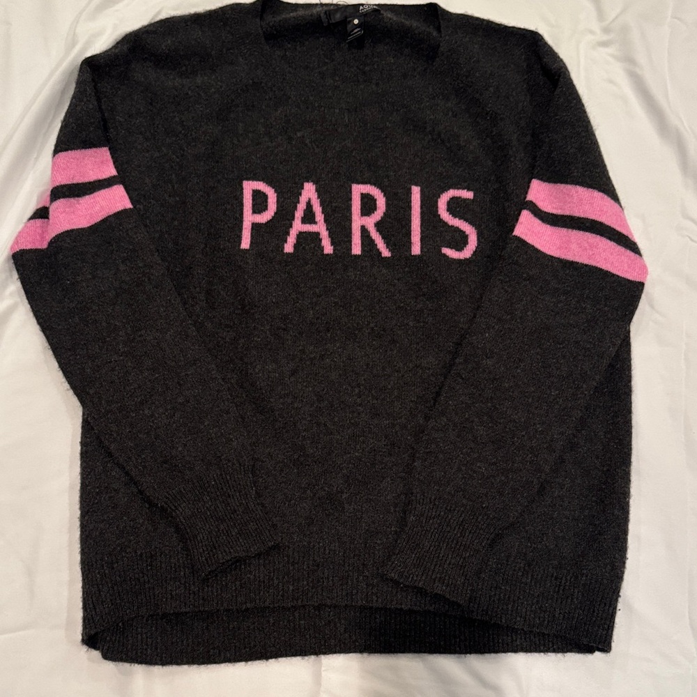 Aqua Cashmere sweater in Charcoal Grey and Pink with “Paris” text.
